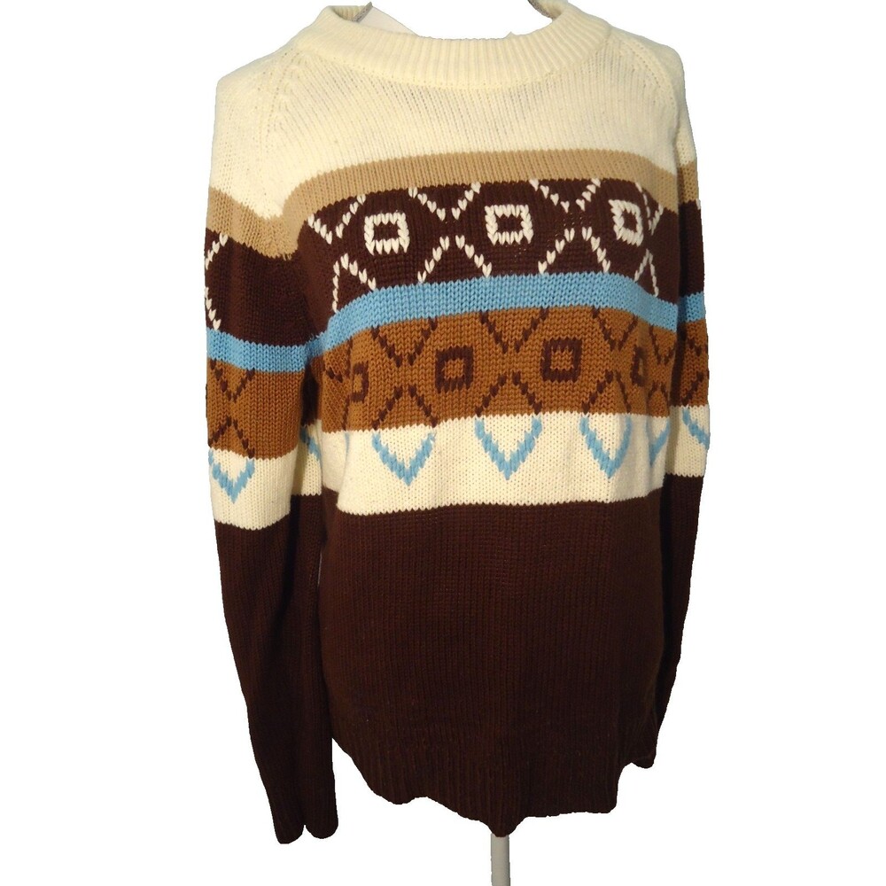 Vintage 70s Grandpa Cowichan Style Ski Sweater Mens L XL Chunky Knit Blue Brown